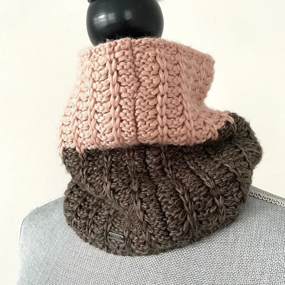 Pistil Pink & Brown Chunky Knit Wool Blend Snood Neck Scarf Silver Logo Tag